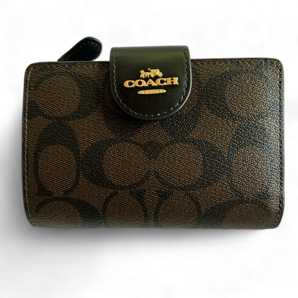Coach Medium Corner Zip Wallet In Signature Canvas In Black/Brown
